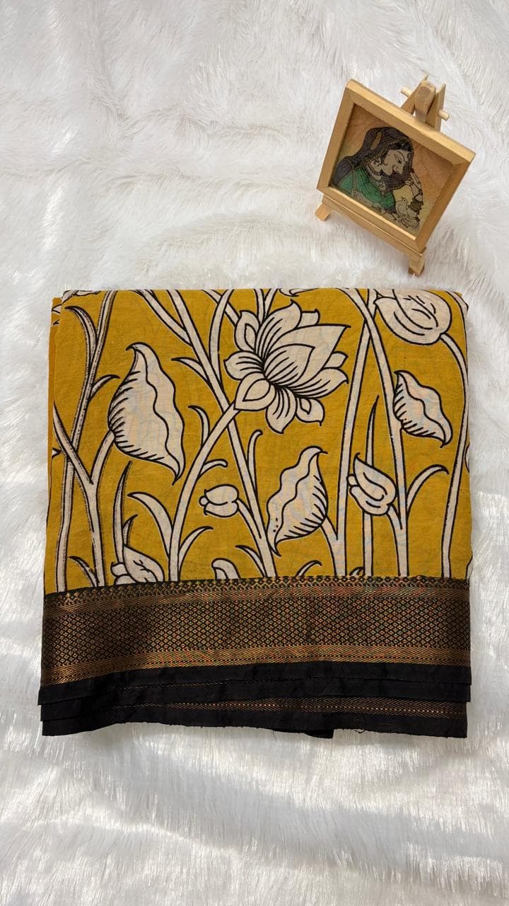 Chennur silk with Nizam Border - Yellow Floral — yellow Kalamkari Cotton Silk saree