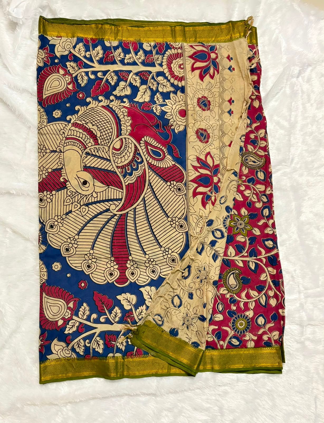 Chennur Silk with Nizam Border - Dark Pink Green — pink-peach Kalamkari Cotton Silk saree