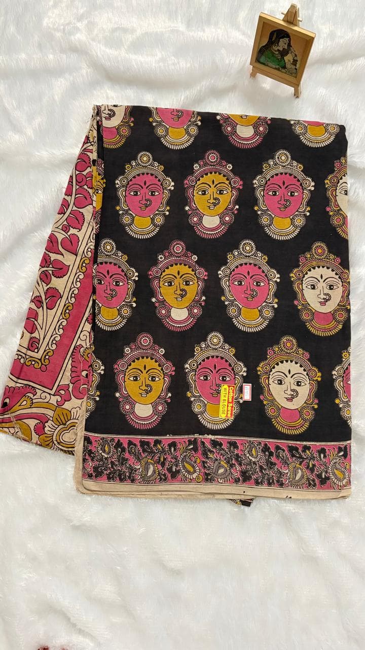 Pure Kalamkari Cotton Saree - Black Devi — black-grey Kalamkari Cotton saree