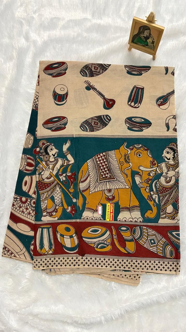 Pure Kalamkari Cotton Saree - White Dolak — white-cream Kalamkari Cotton saree