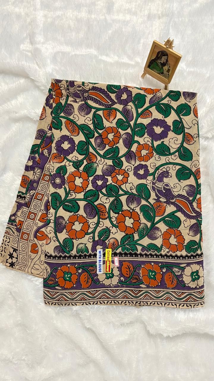Pure Kalamkari Cotton Saree - White Floral — white-cream Kalamkari Cotton saree
