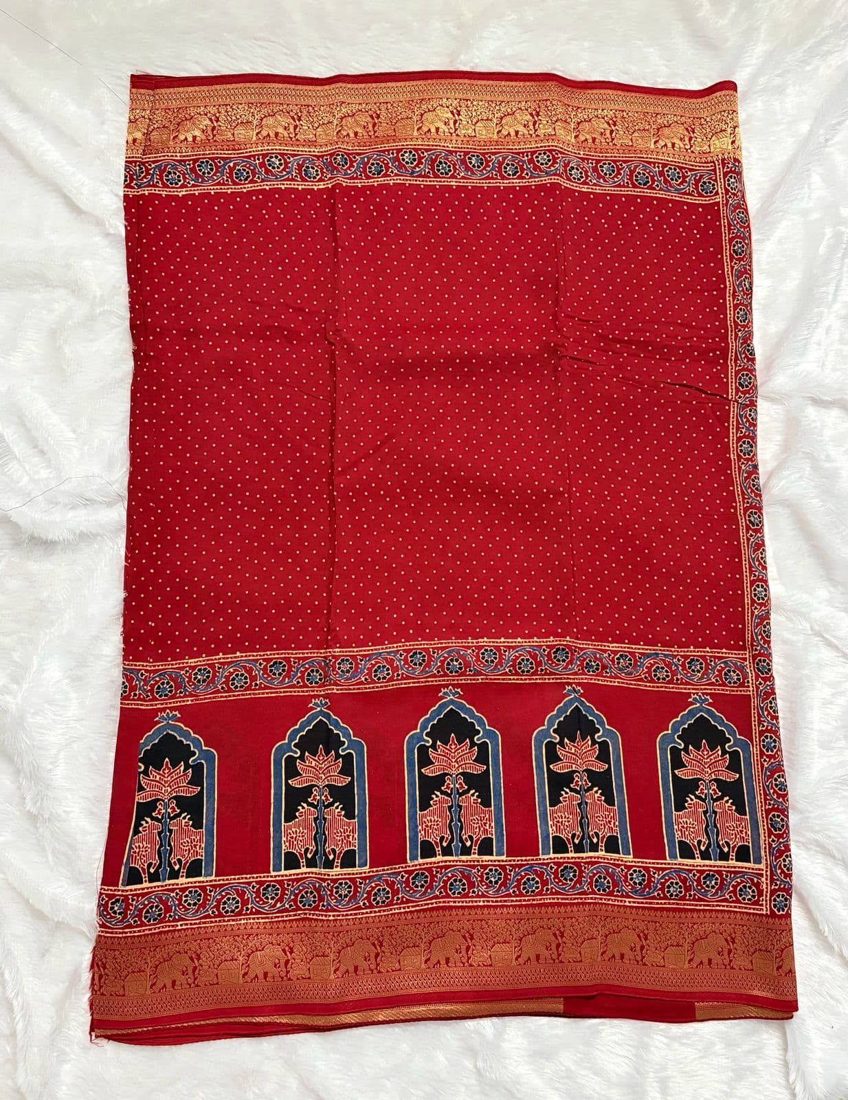 Pure Ajrakh Dola Silk Saree - Red Dots — red-maroon Ajrakh Dola saree