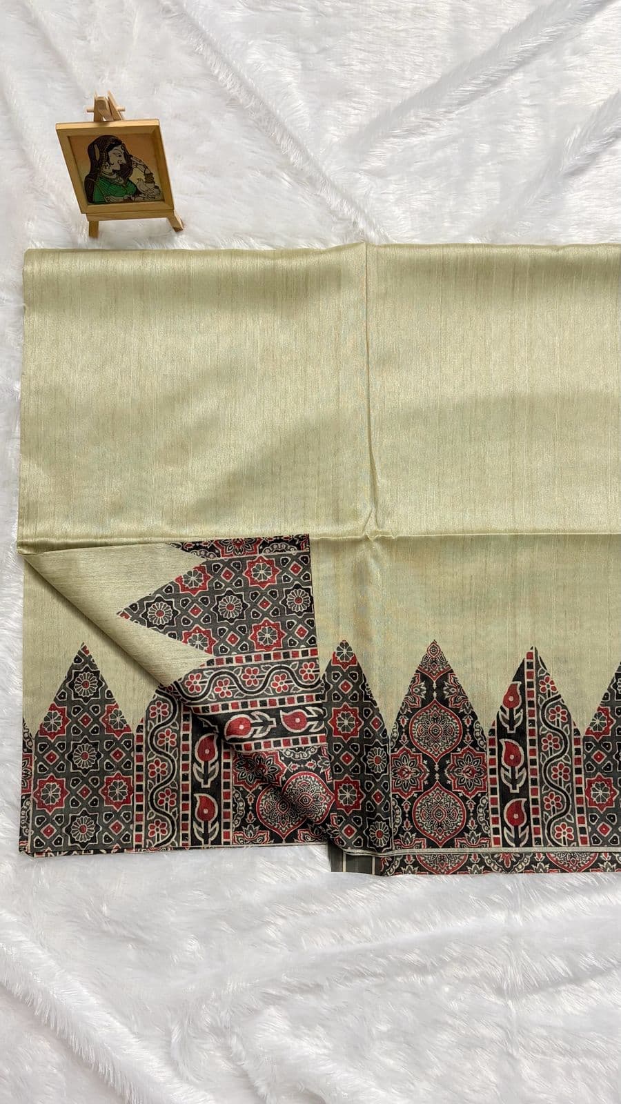 Semi tussar saree with Ajrakh prints - Grey — black-grey Ajrakh Tussar saree