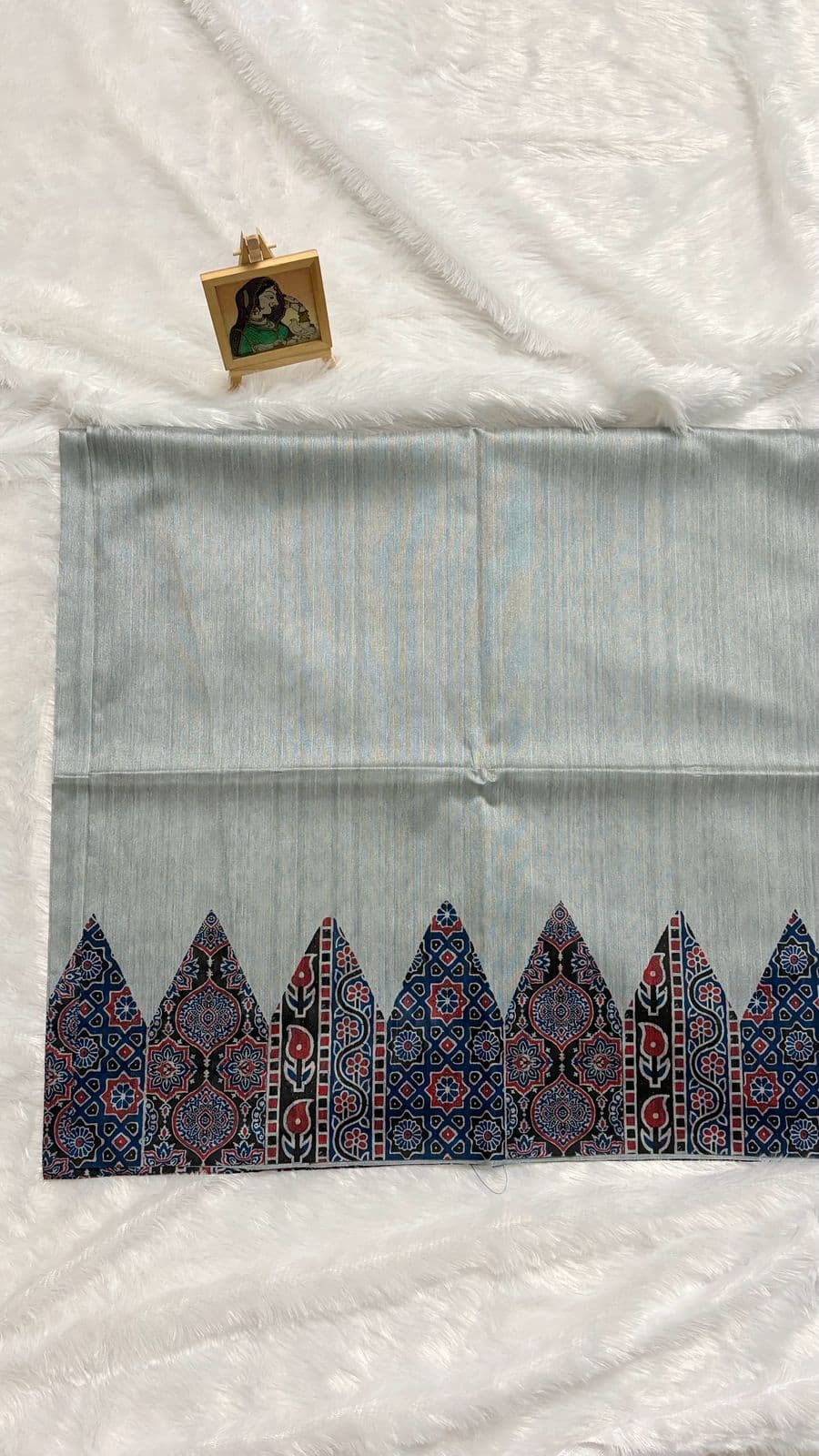 Semi tussar saree with Ajrakh prints - Blue — blue Ajrakh Tussar saree