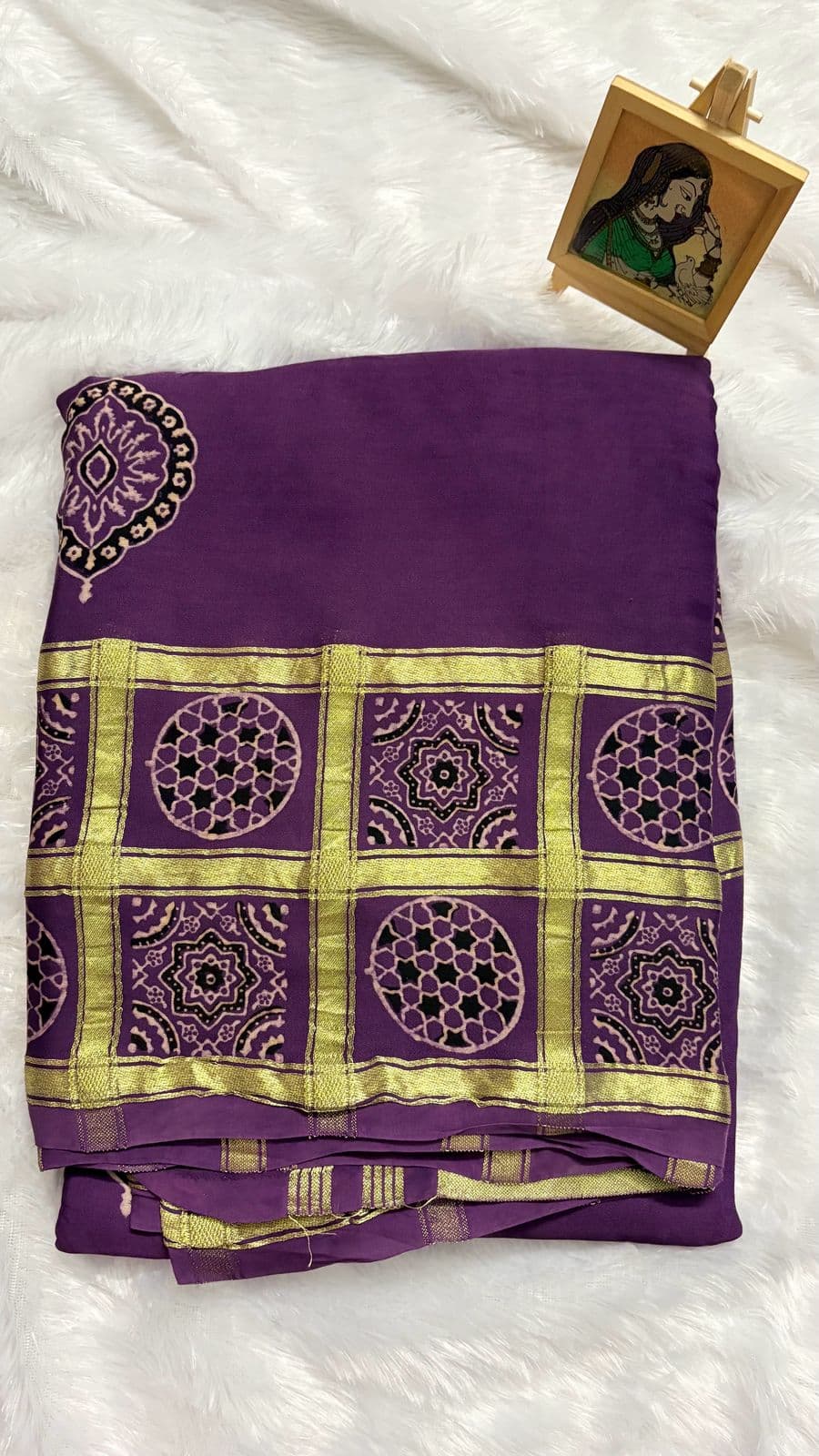 Pure Ajrakh Modal silk saree - Lavendar checks — purple-lavender Ajrakh Modal saree