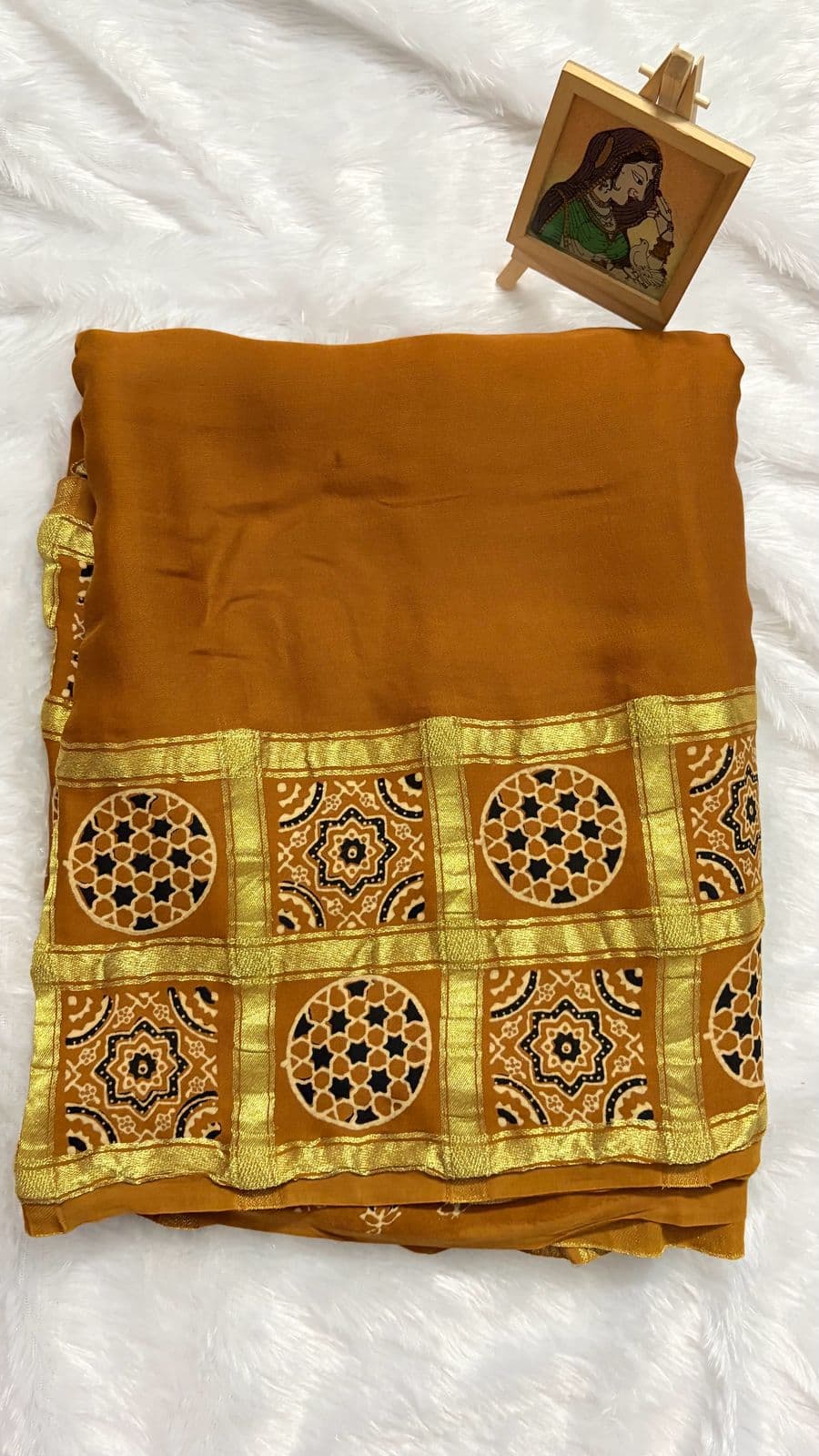 Pure Ajrakh Modal silk saree - Mustard yellow checks — yellow Ajrakh Modal saree