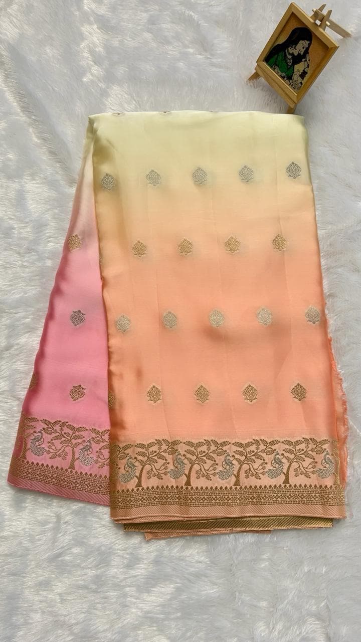 Mashru shaded silk saree - Peach — pink-peach Banarasi Mashru saree