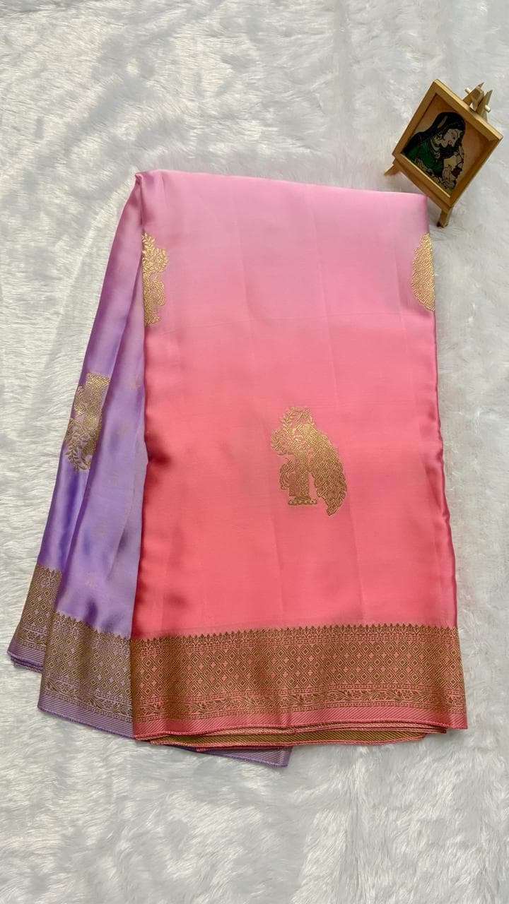 Mashru shaded silk saree - Pink — pink-peach Banarasi Mashru saree