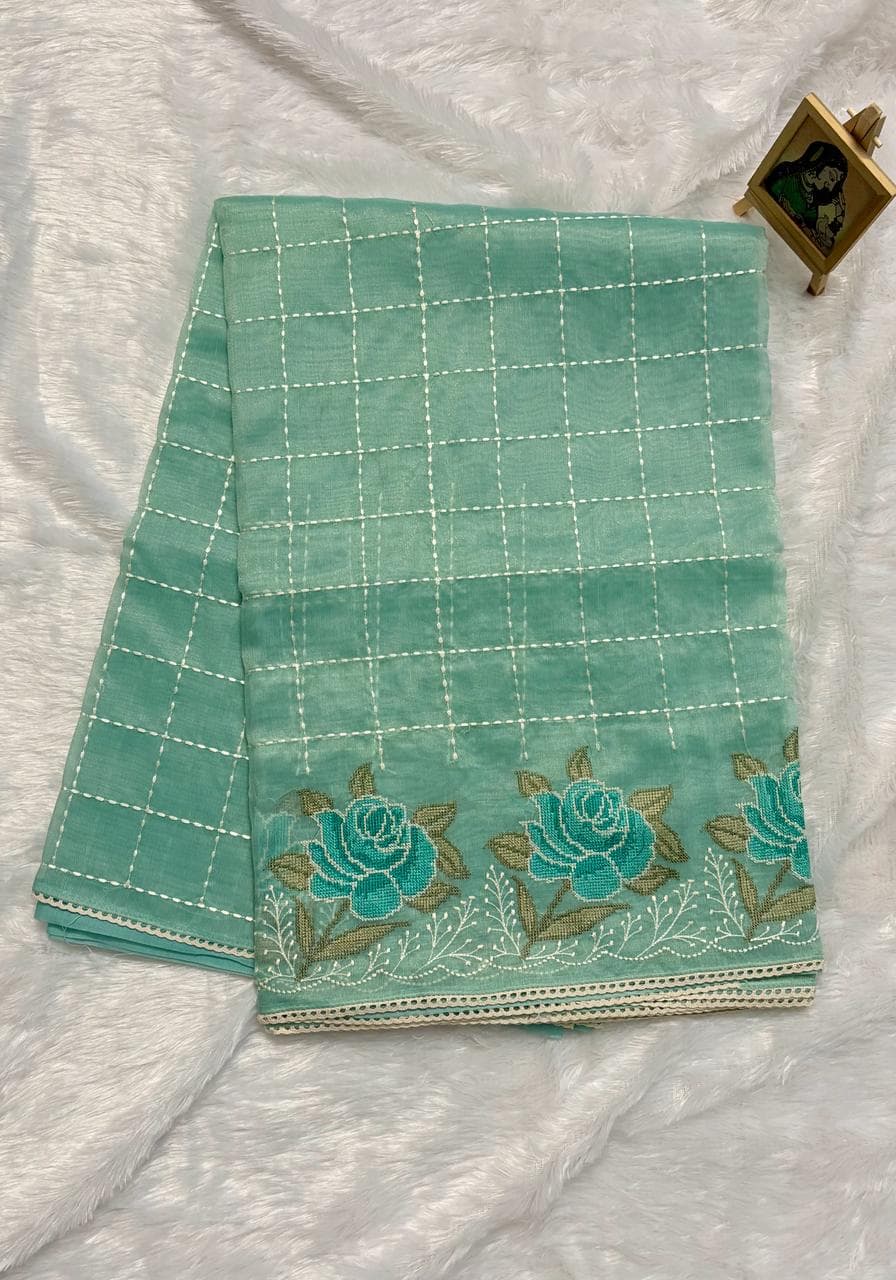 Tissue organza saree with Cross stitch - Green — green Chanderi Organza saree