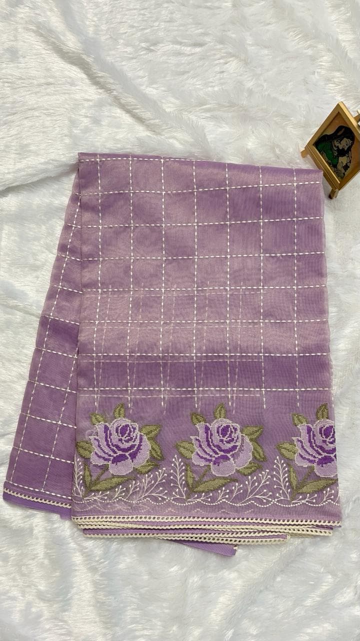 Tissue organza saree with Cross stitch - Lavendar — purple-lavender Chanderi Organza saree