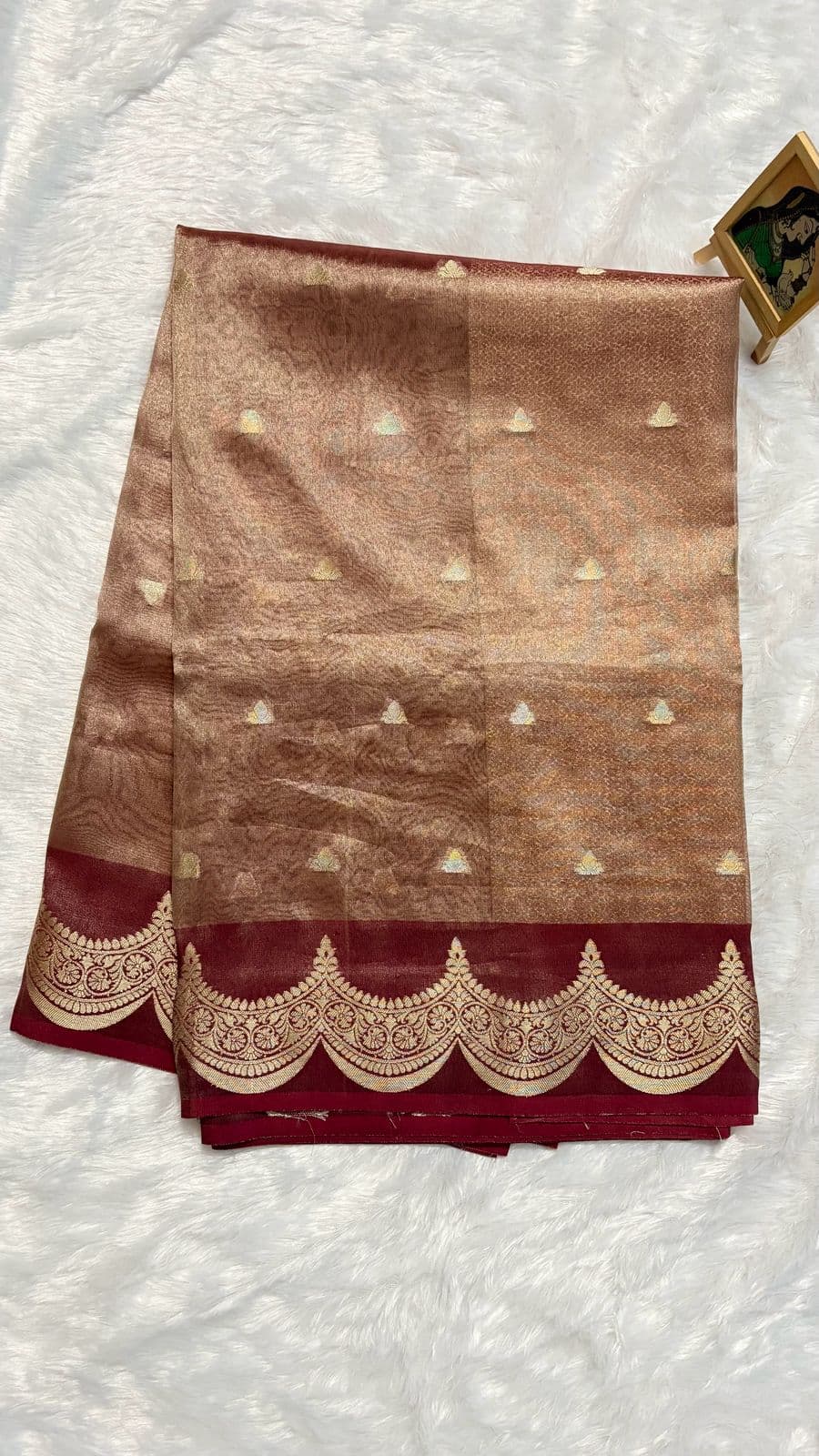 Tissue silk saree with Scallop border - Maroon — red-maroon Banarasi Tissue saree