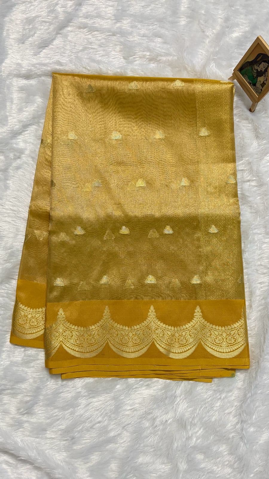 Tissue silk saree with Scallop Border - Yellow — yellow Banarasi Tissue saree